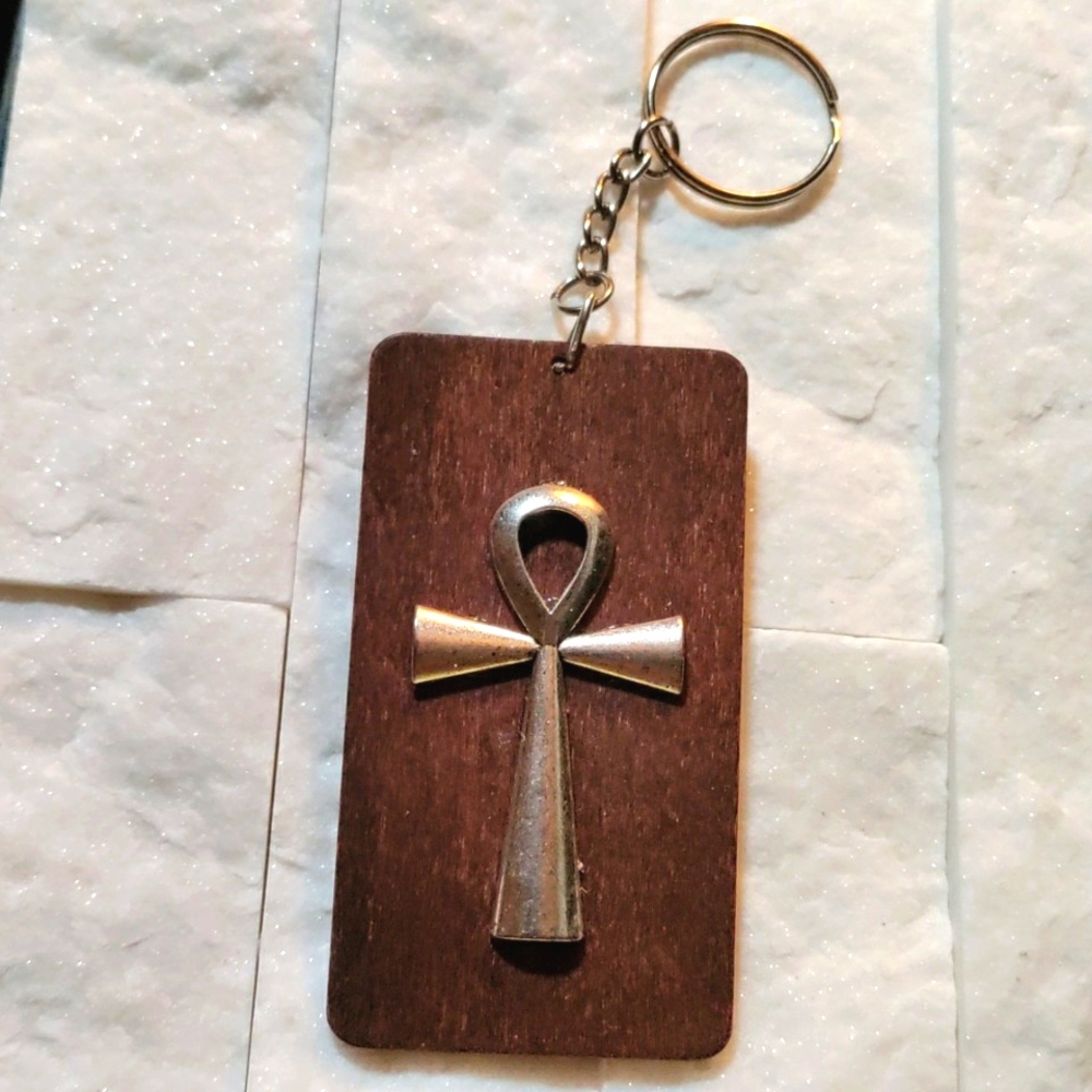 NEW Handcrafted Keychain / Bag Charm! Wood with Silver Ankh. Unisex.
